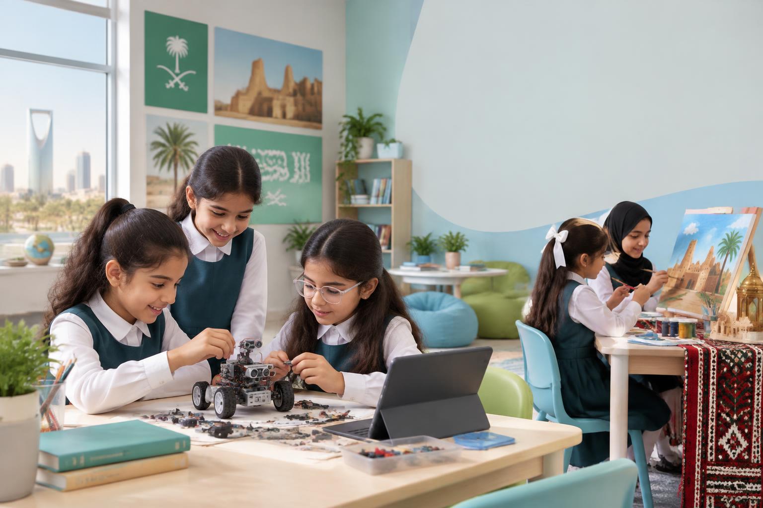 طالبات يشاركن في أنشطة علمية وفنية مدرسية